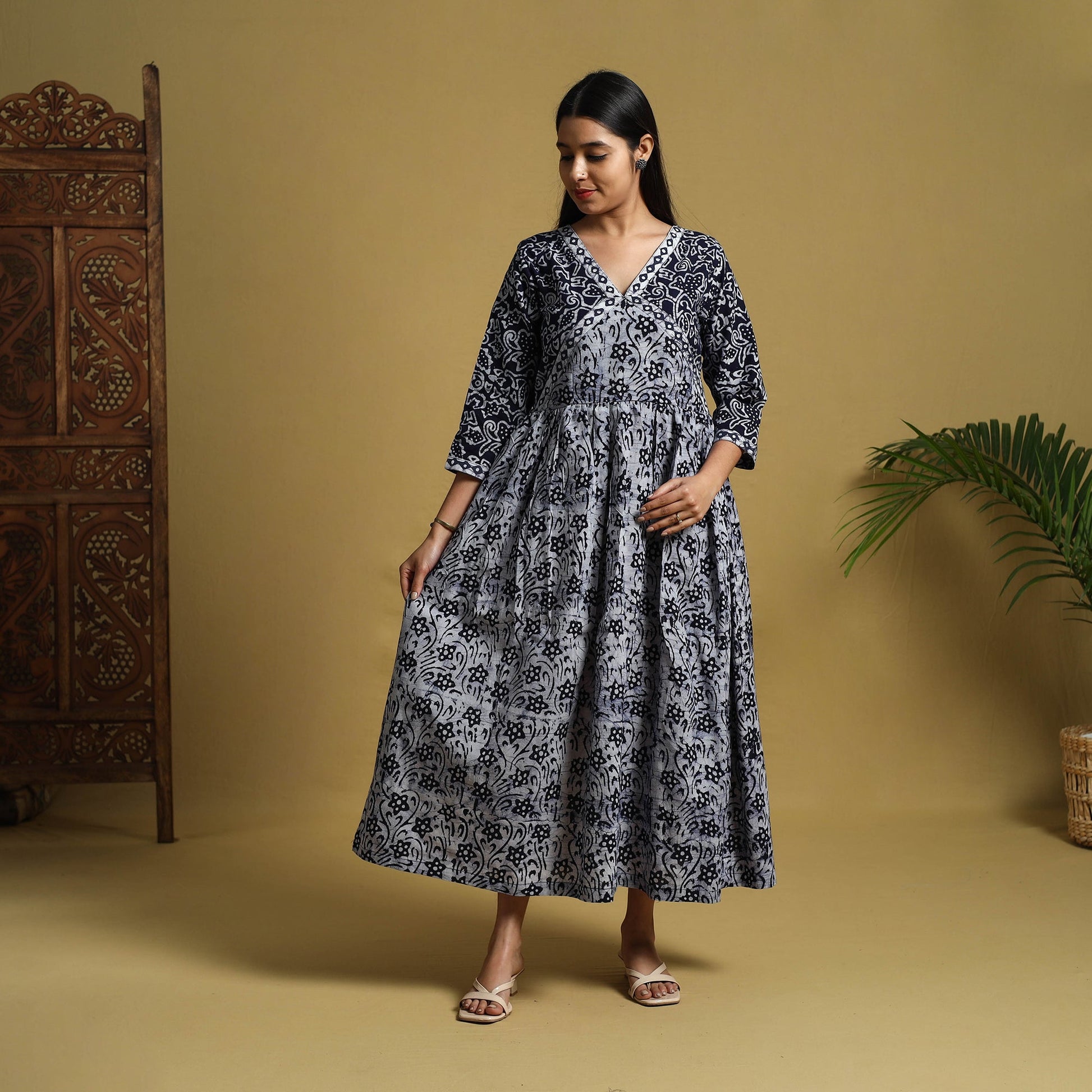 Blue - Flared Cotton Batik Print Dress 04