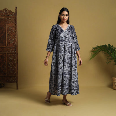 Blue - Flared Cotton Batik Print Dress 04