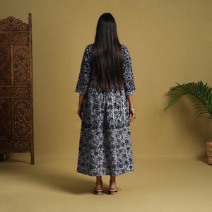 Blue - Flared Cotton Batik Print Dress 04