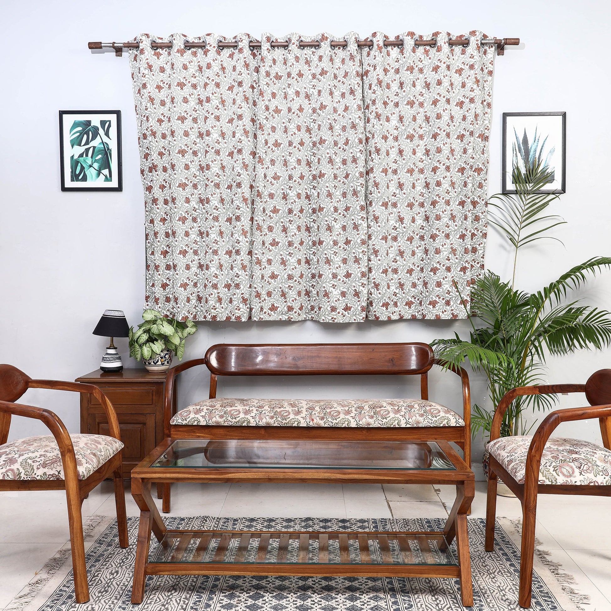Beige - Sanganeri Block Printed Cotton Window Curtain (5 x 3 Feet) (Single Piece)