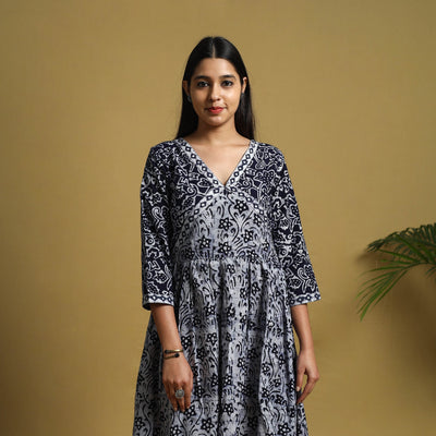 Blue - Flared Cotton Batik Print Dress 04
