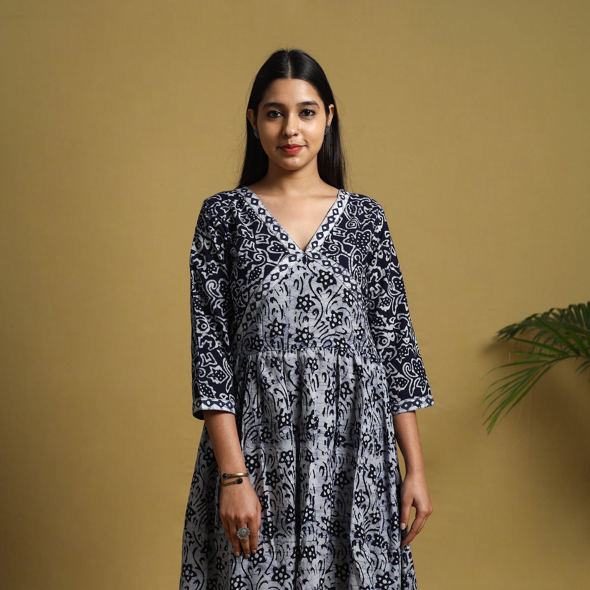 Blue - Flared Cotton Batik Print Dress 04