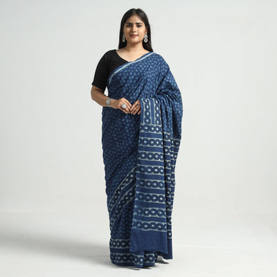 Blue - Akola Hand Block Printed Cotton Saree