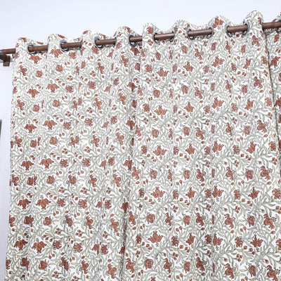 Beige - Sanganeri Block Printed Cotton Window Curtain (5 x 3 Feet) (Single Piece)