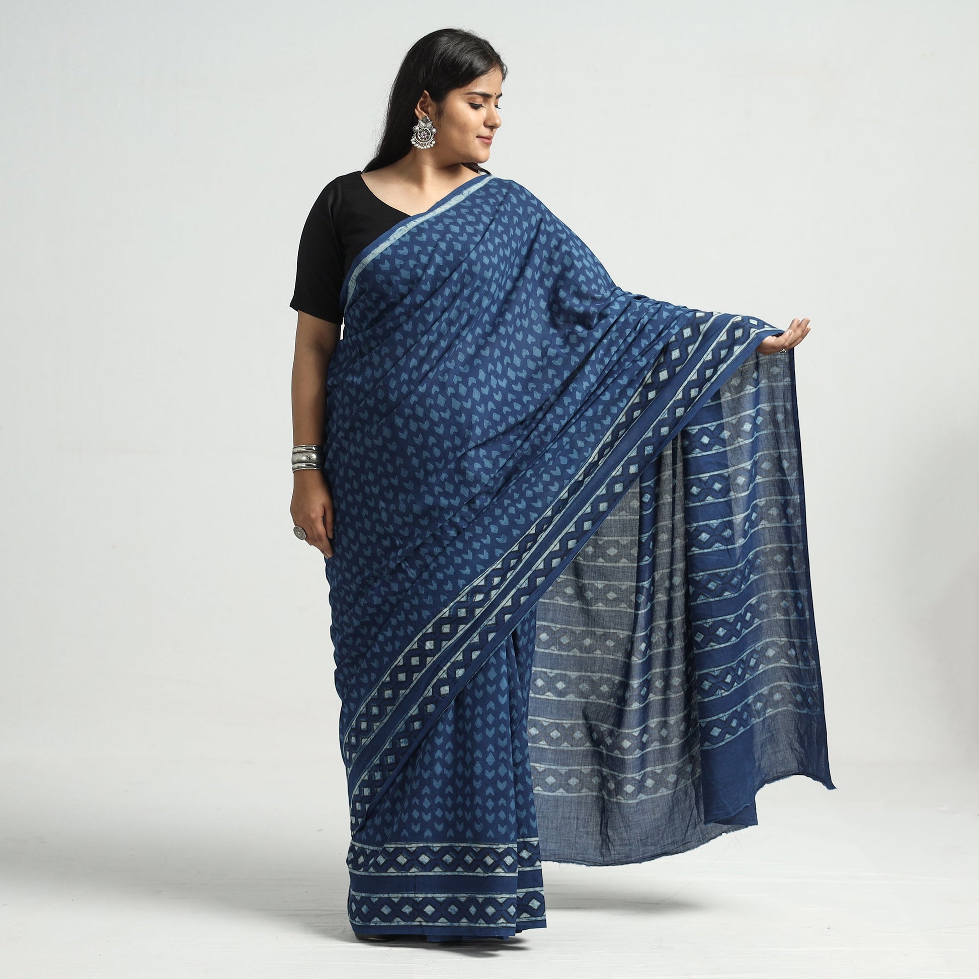 Blue - Akola Hand Block Printed Cotton Saree