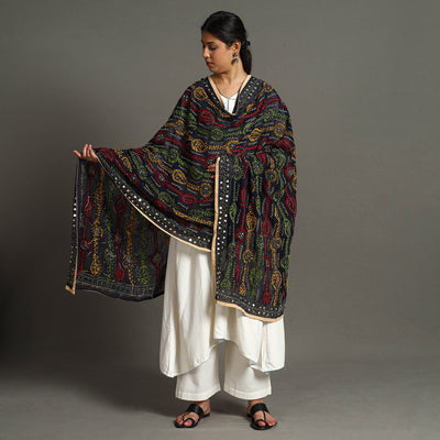 Black - Ranihati Georgette Chapa Work Phulkari Embroidered Dupatta 99