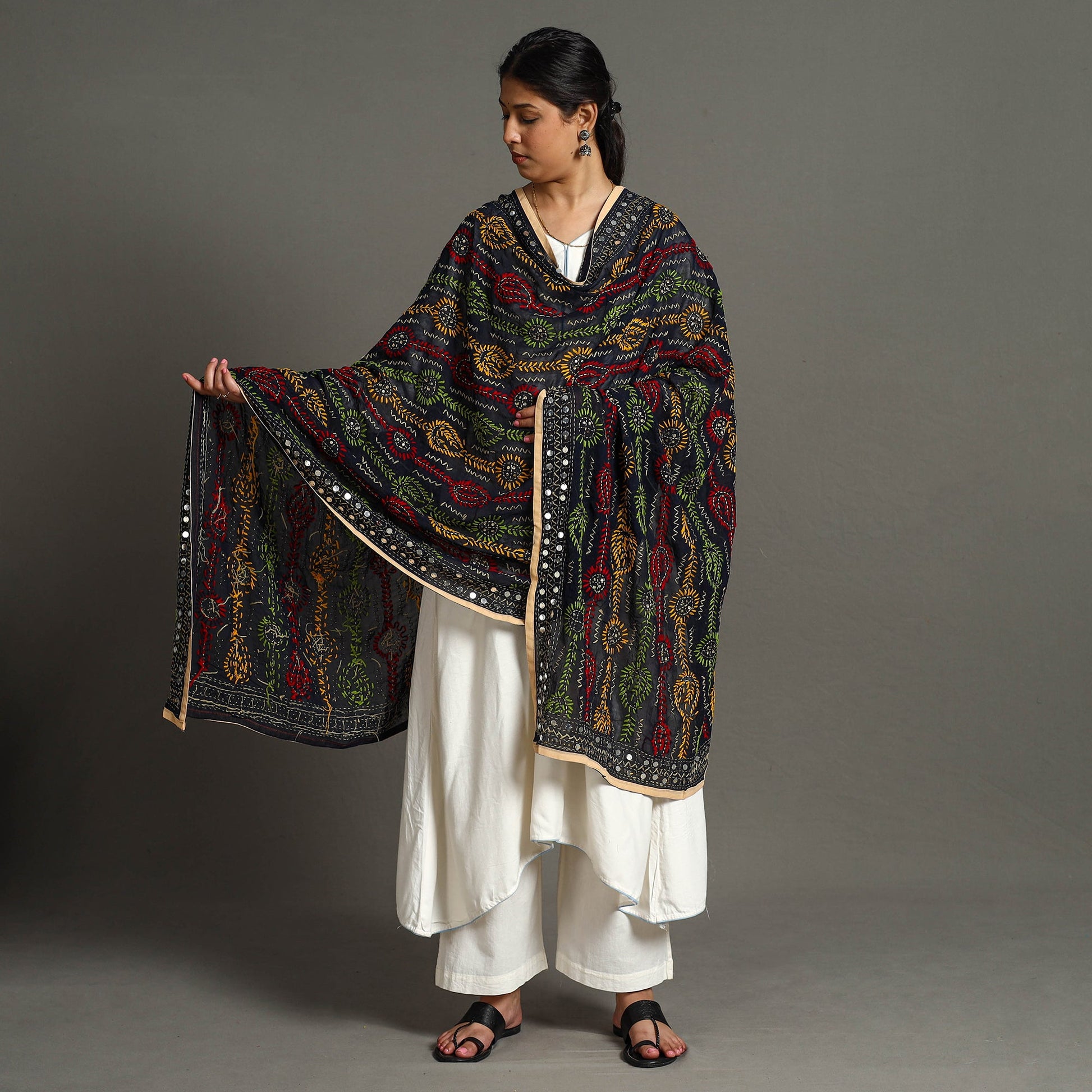 Black - Ranihati Georgette Chapa Work Phulkari Embroidered Dupatta 99