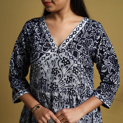 Blue - Flared Cotton Batik Print Dress 04