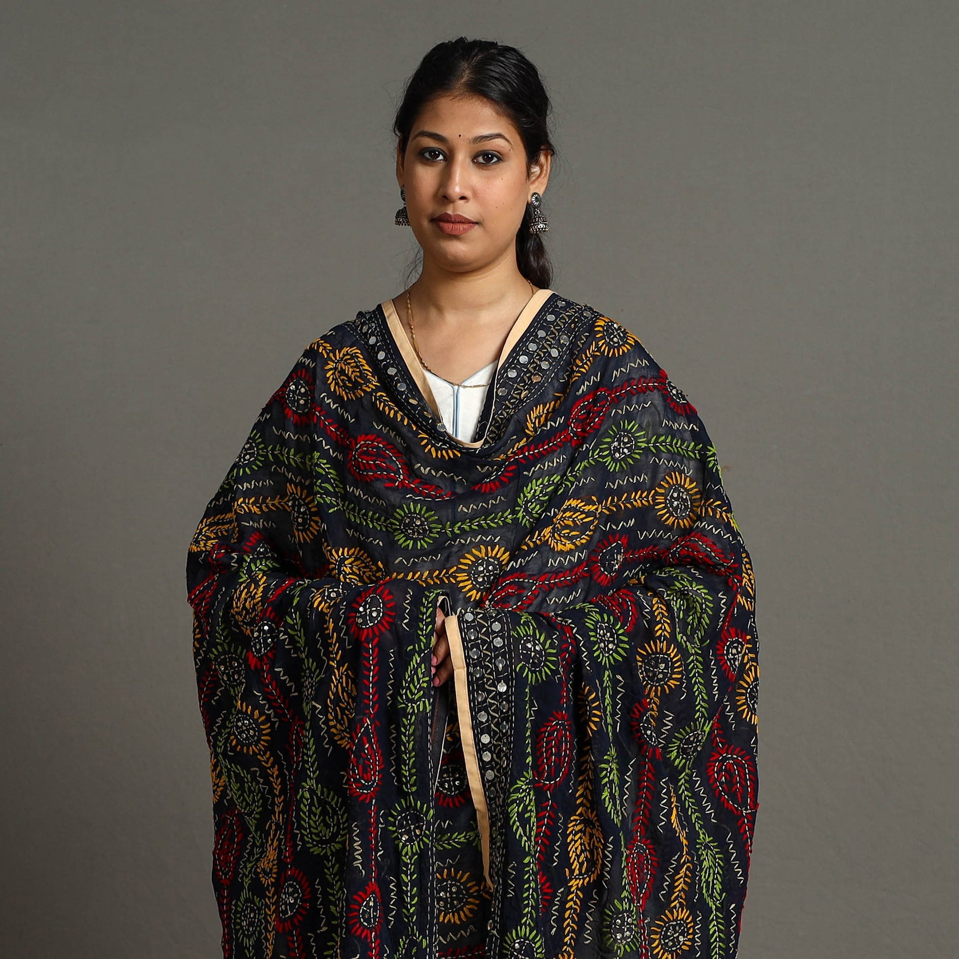 Black - Ranihati Georgette Chapa Work Phulkari Embroidered Dupatta 99