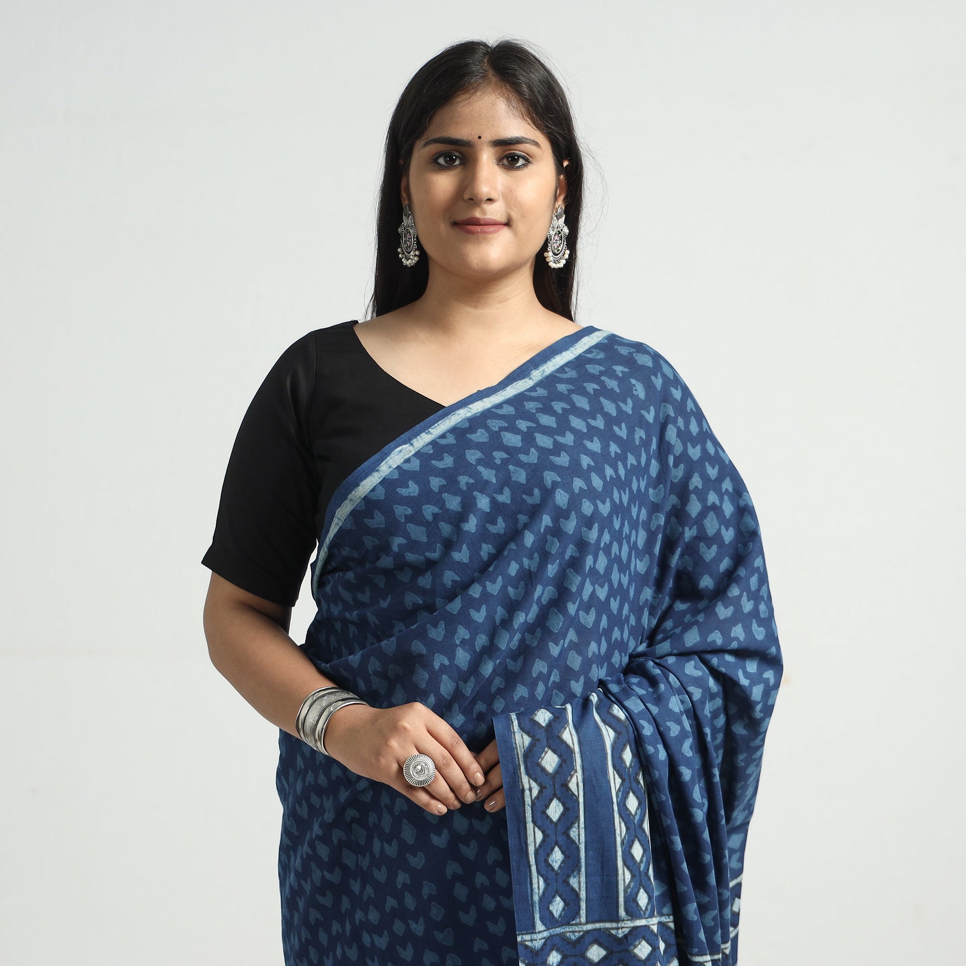 Blue - Akola Hand Block Printed Cotton Saree