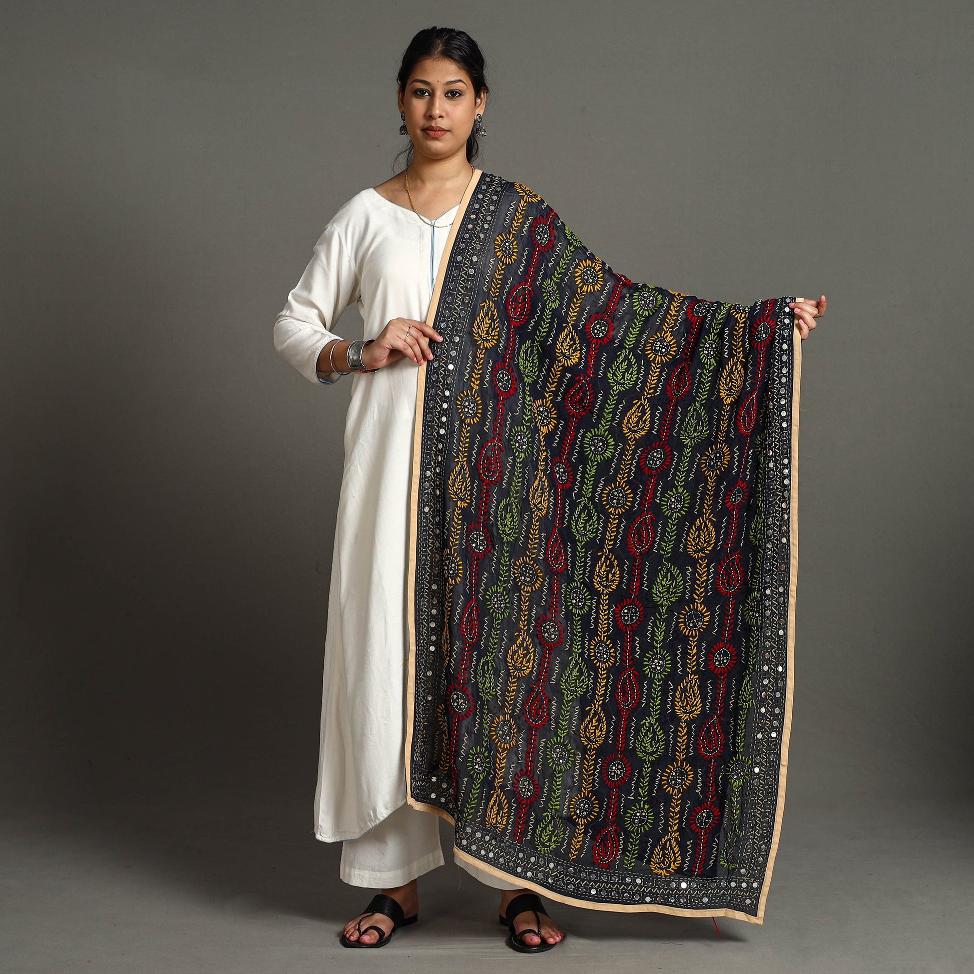 Black - Ranihati Georgette Chapa Work Phulkari Embroidered Dupatta 99