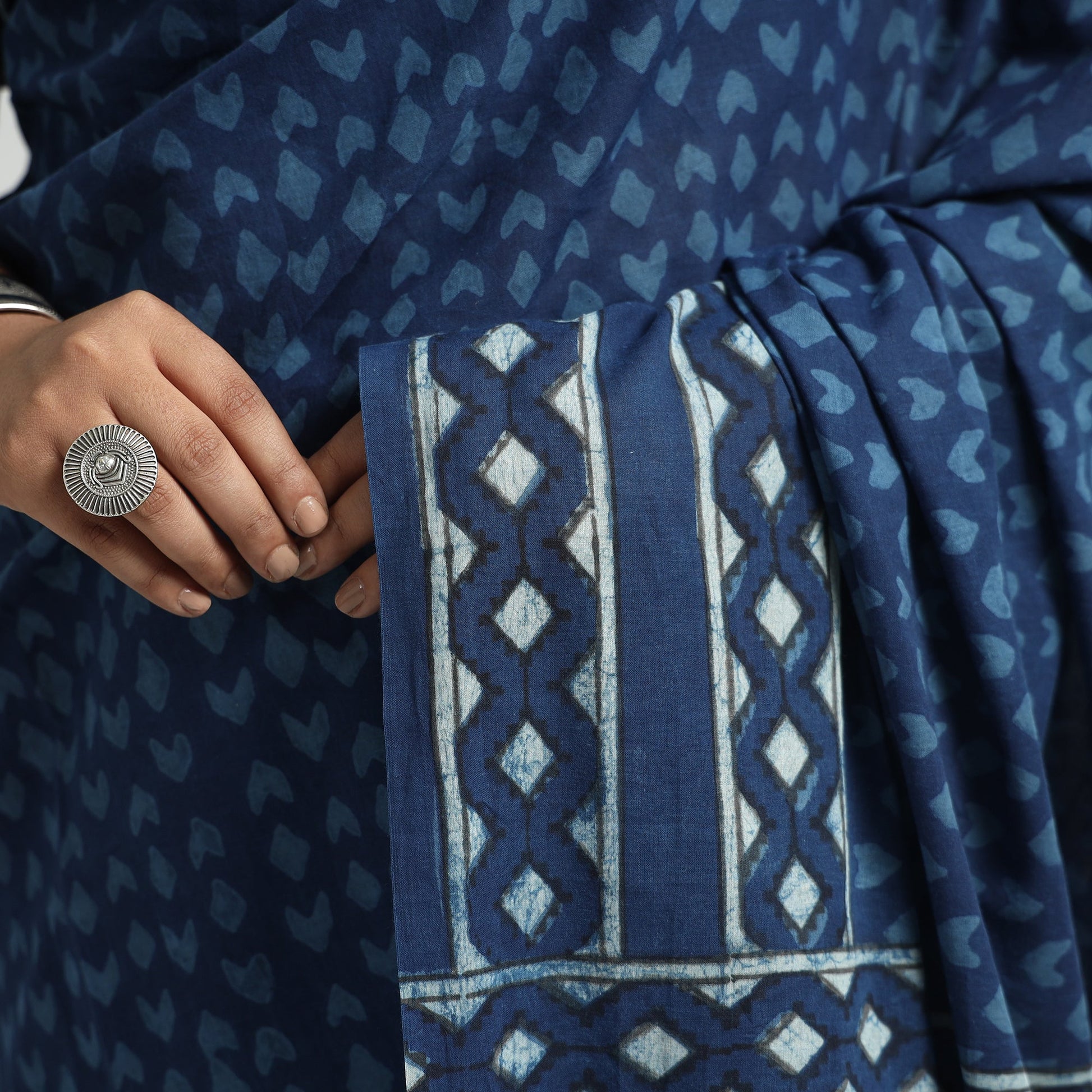 Blue - Akola Hand Block Printed Cotton Saree