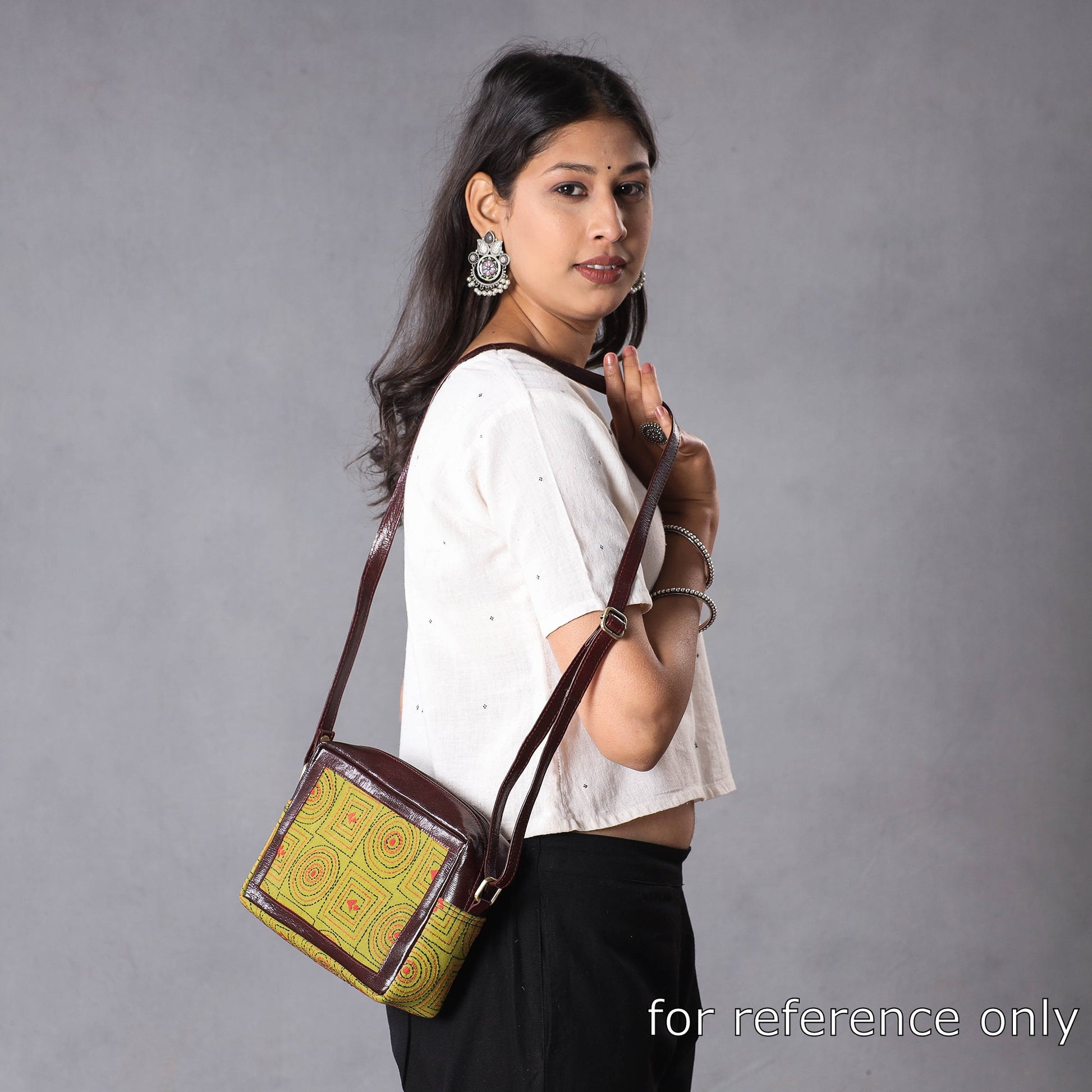 Brown - Handcrafted Kantha Embroidery Cotton & Leather Sling Bag