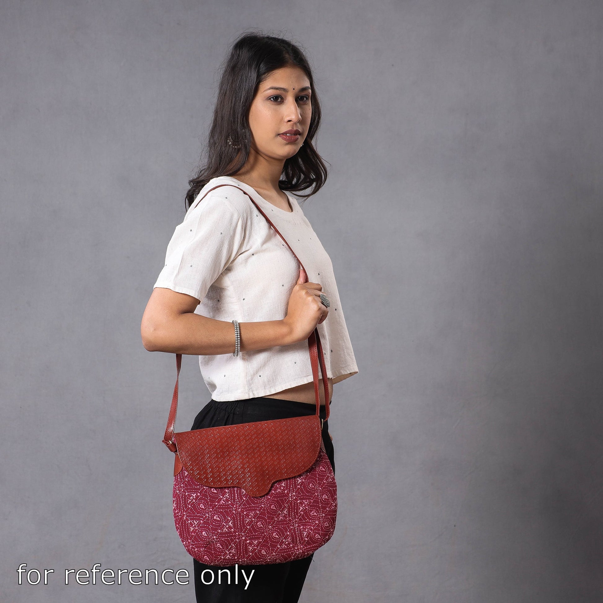 Black - Handcrafted Kantha Embroidery Cotton & Embossed Leather Sling Bag