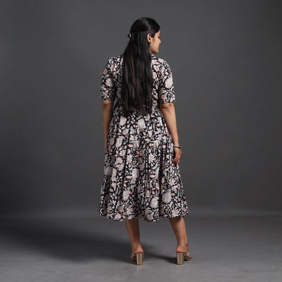 Black - Tiered Cotton Block Print Sanganeri Dress 09