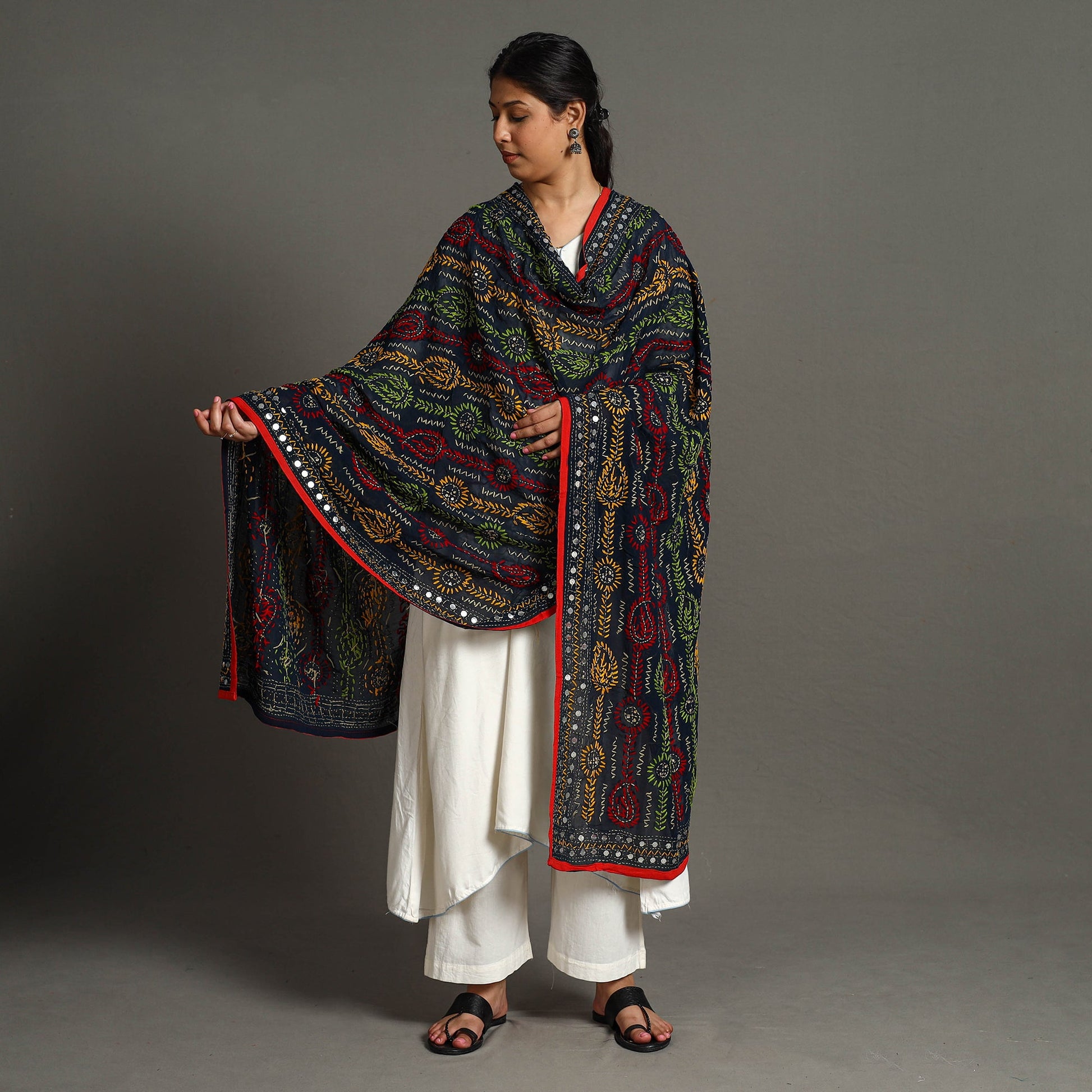 Black - Ranihati Georgette Chapa Work Phulkari Embroidered Dupatta 100