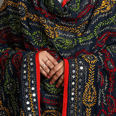 Black - Ranihati Georgette Chapa Work Phulkari Embroidered Dupatta 100