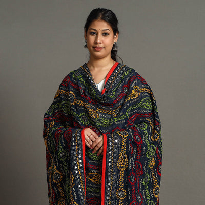 Black - Ranihati Georgette Chapa Work Phulkari Embroidered Dupatta 100