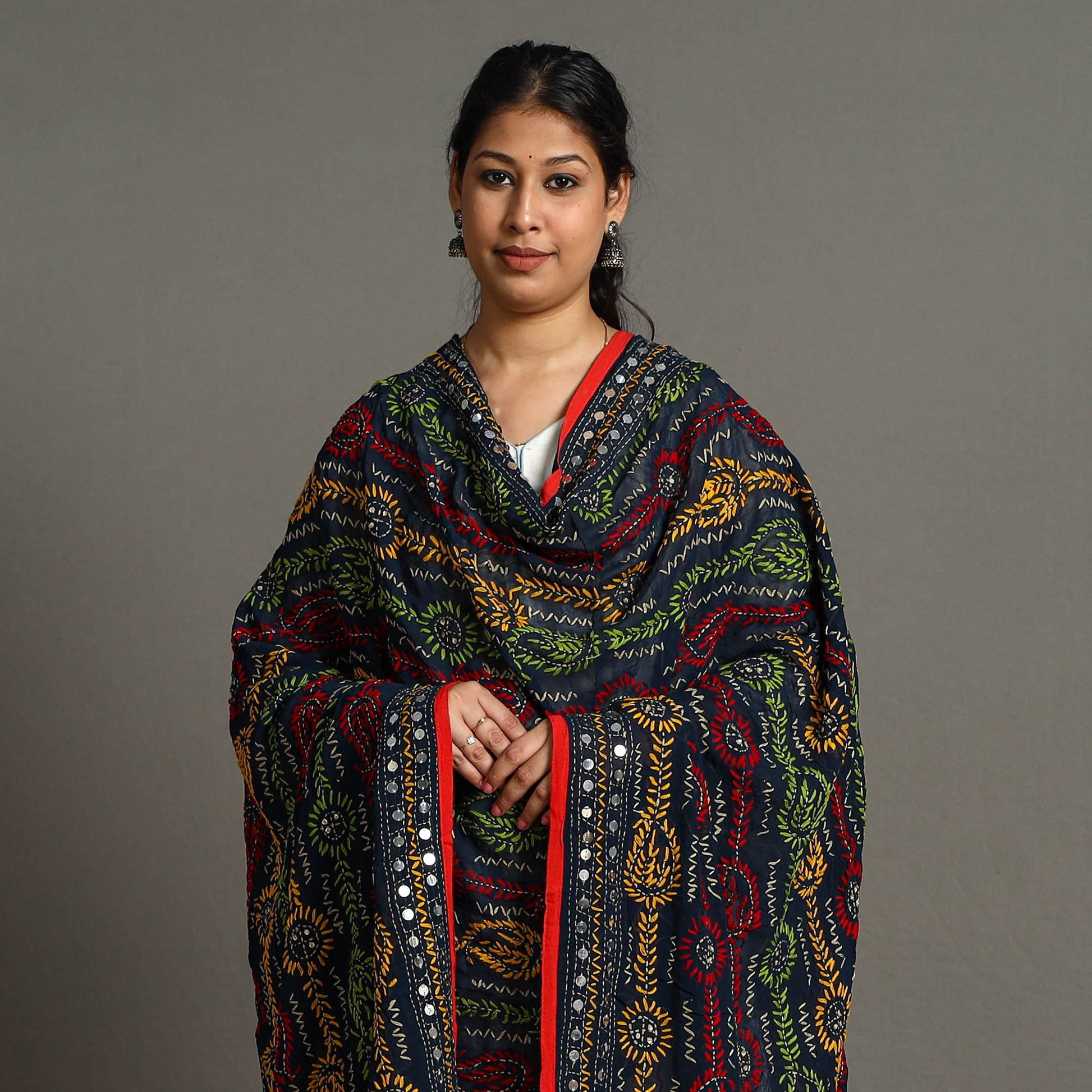 Black - Ranihati Georgette Chapa Work Phulkari Embroidered Dupatta 100