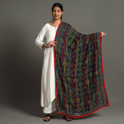 Black - Ranihati Georgette Chapa Work Phulkari Embroidered Dupatta 100