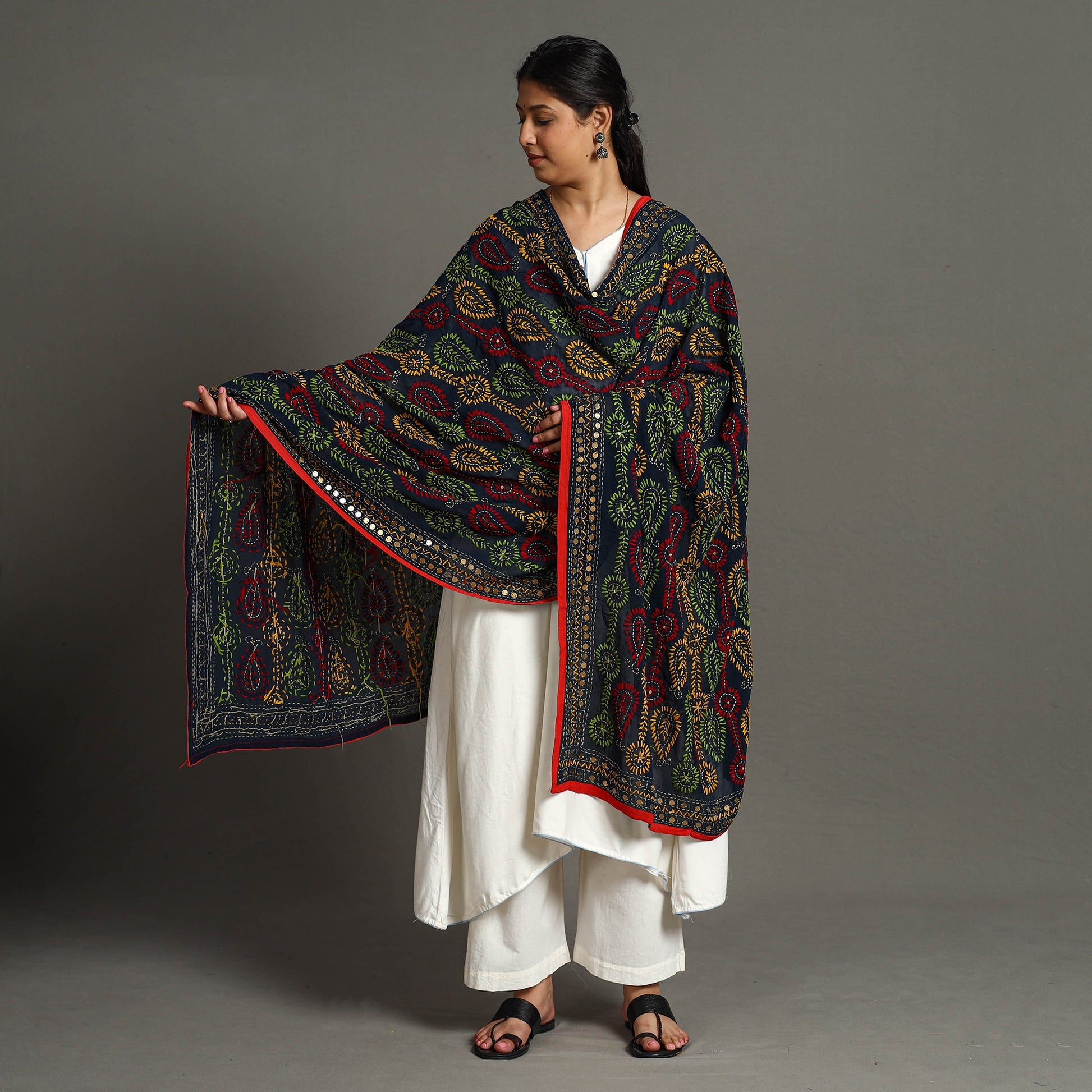 Black - Ranihati Georgette Chapa Work Phulkari Embroidered Dupatta 103