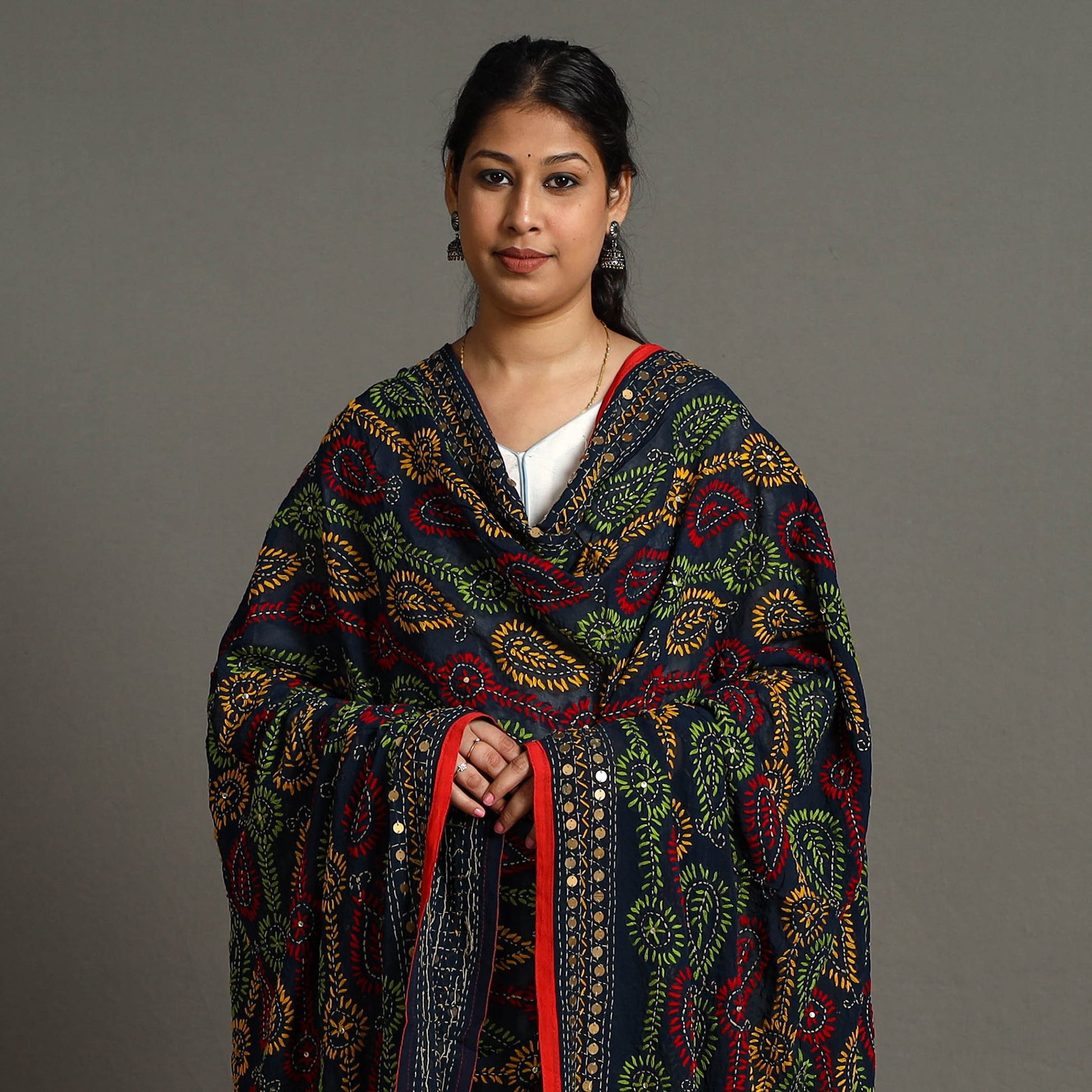 Black - Ranihati Georgette Chapa Work Phulkari Embroidered Dupatta 103