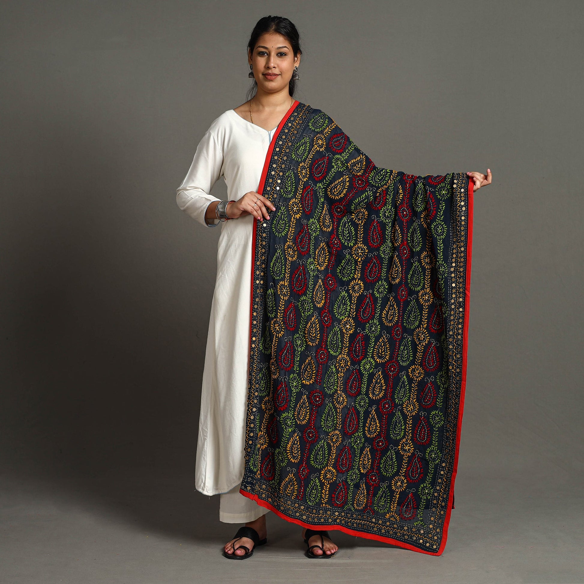 Black - Ranihati Georgette Chapa Work Phulkari Embroidered Dupatta 103