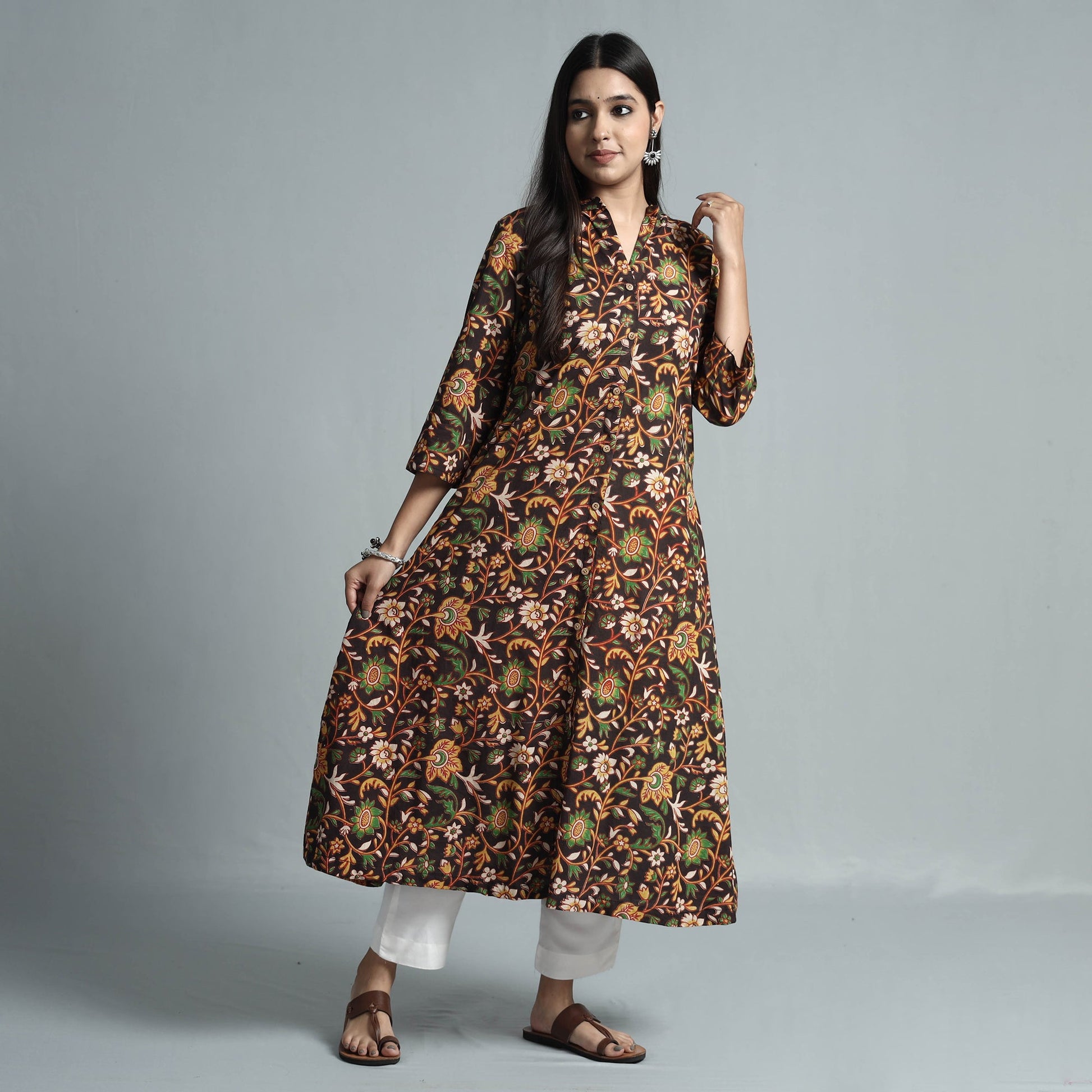 Brown - Kalamkari Printed Cotton Kurta