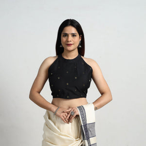 Black - Polka Dot Zari Buti Silk Stitched Plain Blouse 14