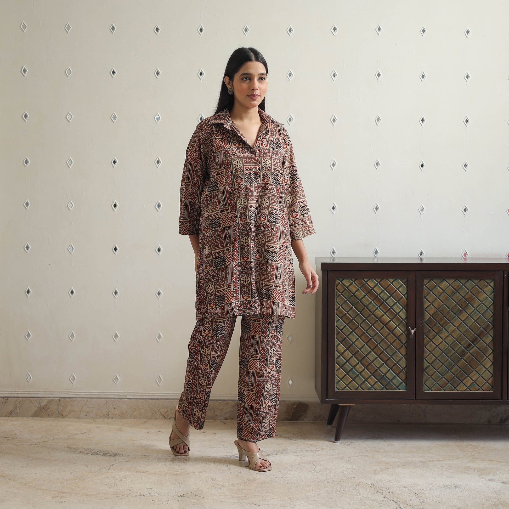 Brown - Block Printed Cotton Ajrakh Co-ord Set 07
