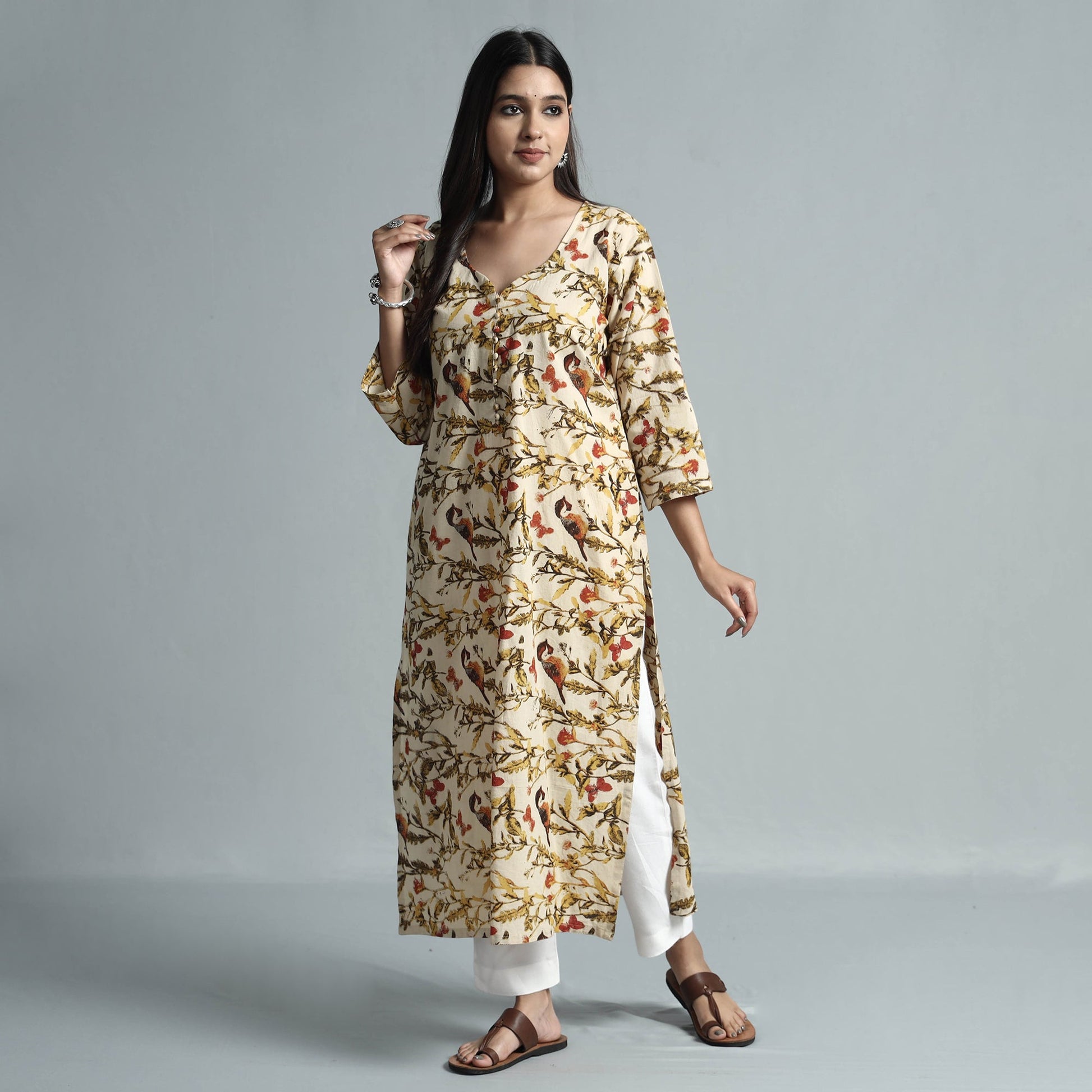 Beige - Kalamkari Printed Cotton Kurta