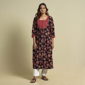 Black - Jahota Block Printed Kantha Patchwork Cotton Kurta