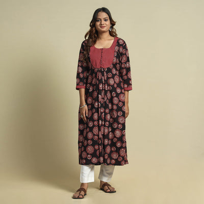 Black - Jahota Block Printed Kantha Patchwork Cotton Kurta