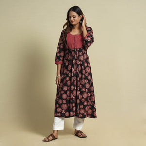 Black - Jahota Block Printed Kantha Patchwork Cotton Kurta