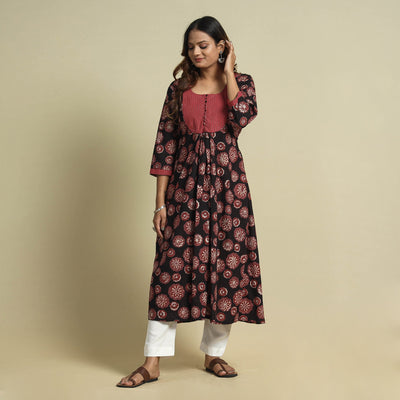 Black - Jahota Block Printed Kantha Patchwork Cotton Kurta