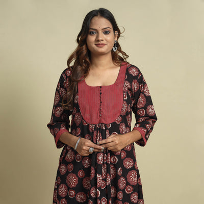 Black - Jahota Block Printed Kantha Patchwork Cotton Kurta