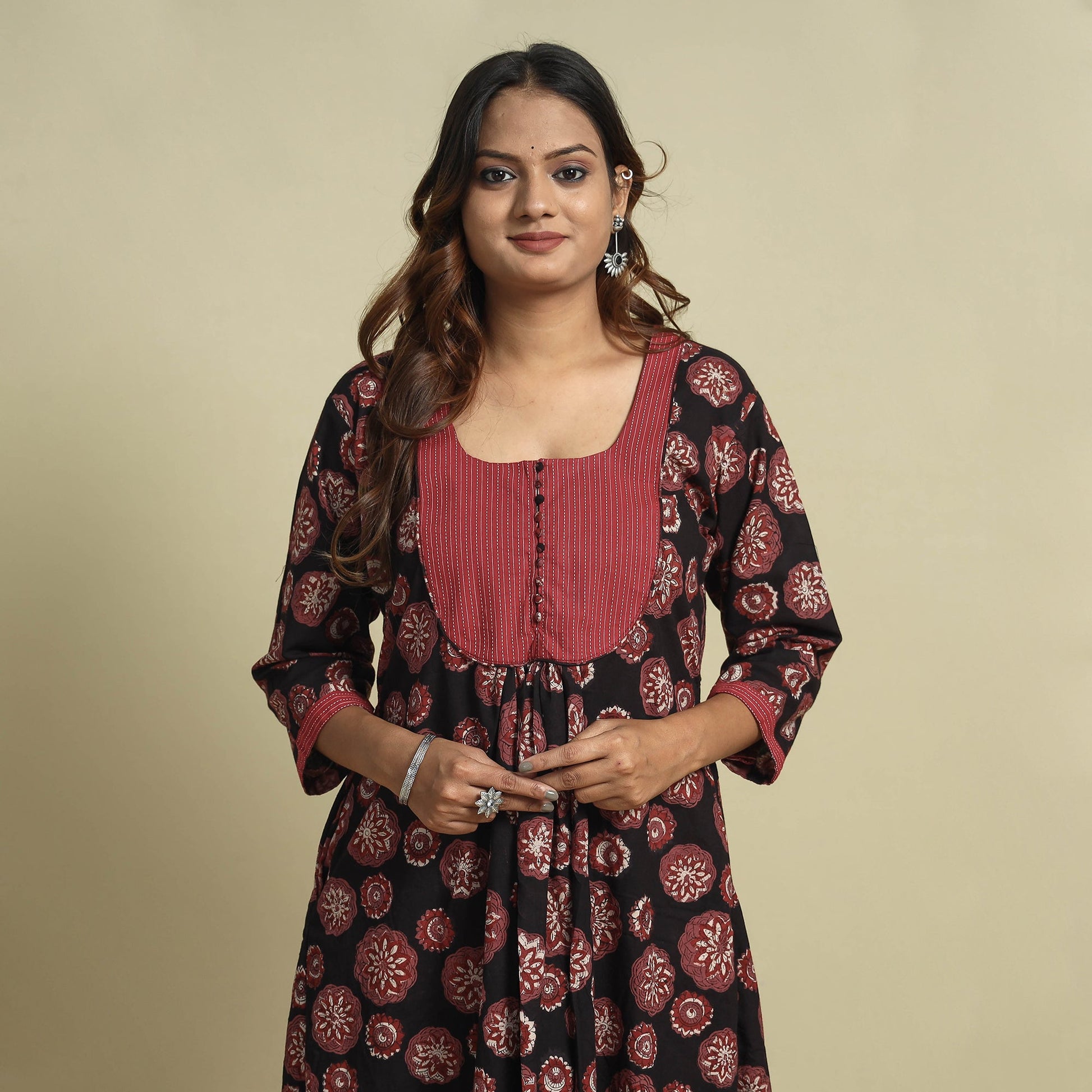 Black - Jahota Block Printed Kantha Patchwork Cotton Kurta