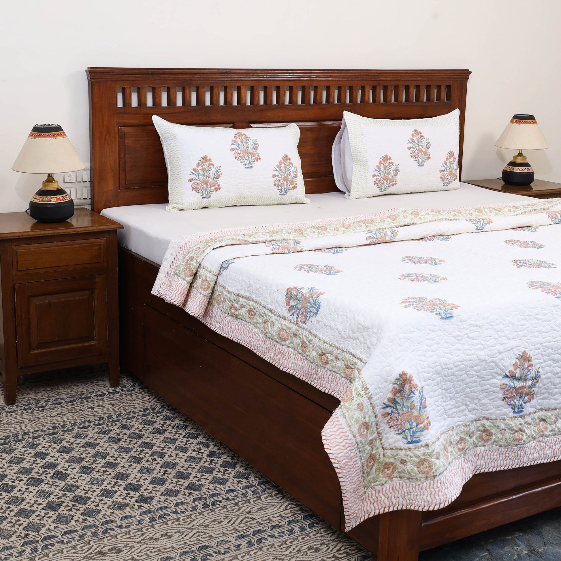 Blue - Double - Reversible Sanganeri Block Print Cotton Quilt Set 04