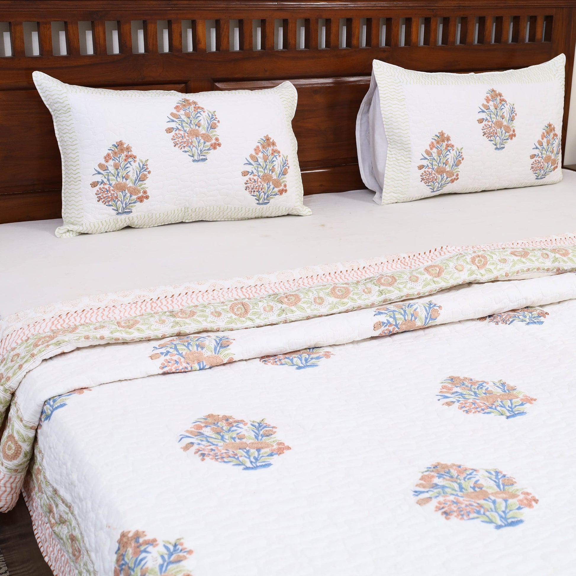 Blue - Double - Reversible Sanganeri Block Print Cotton Quilt Set 04