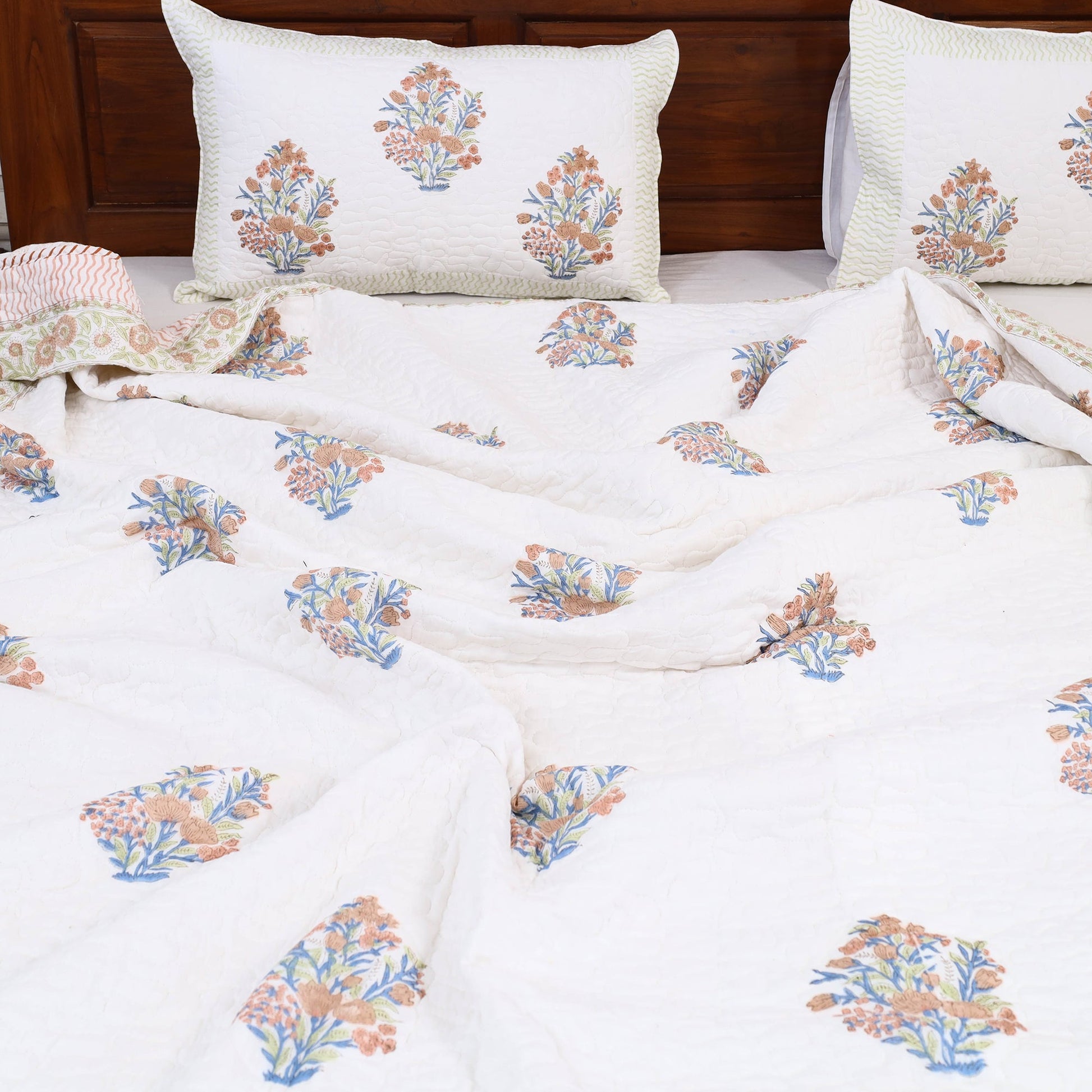 Blue - Double - Reversible Sanganeri Block Print Cotton Quilt Set 04