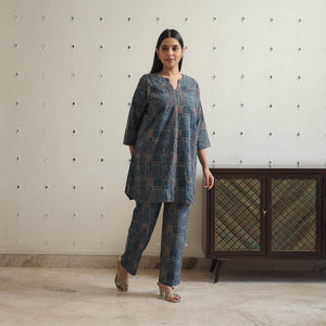 Blue - Block Printed Cotton Ajrakh Co-ord Set 04