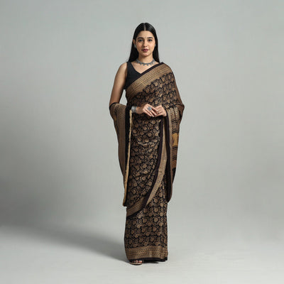 Black - Hand Block Printed Modal Silk Bagh Saree 01