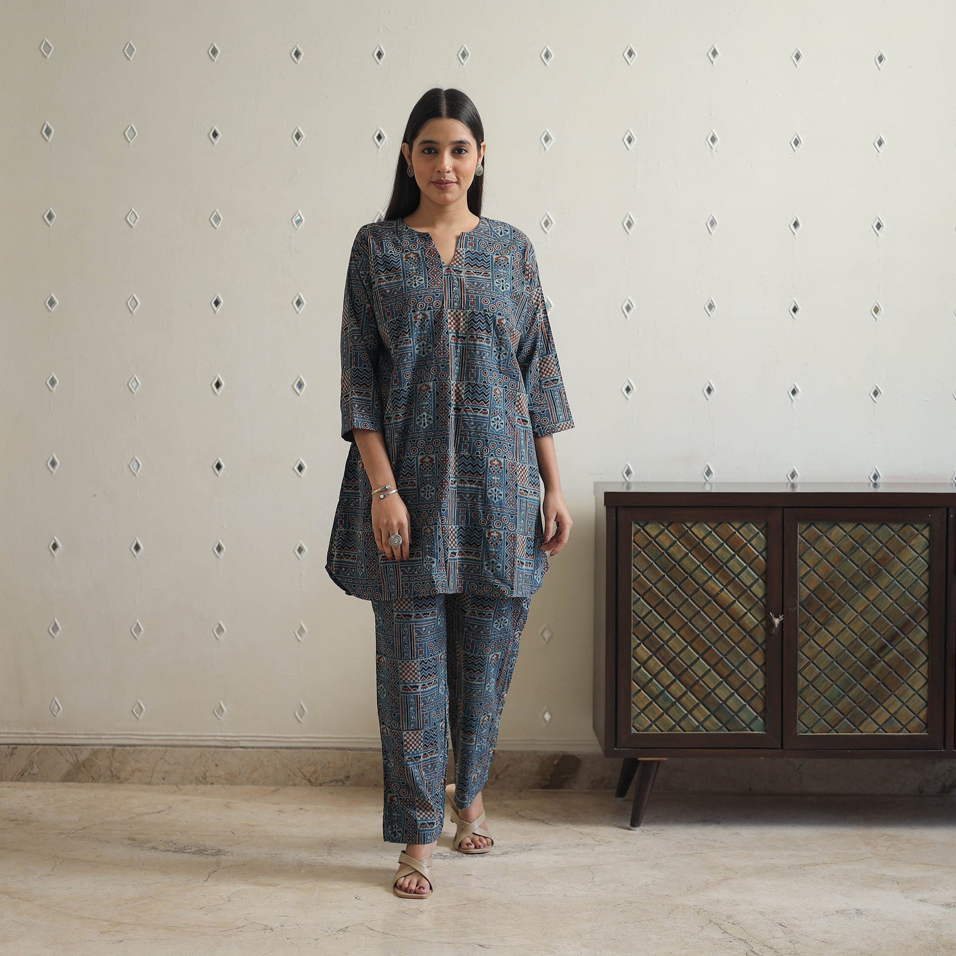 Blue - Block Printed Cotton Ajrakh Co-ord Set 04