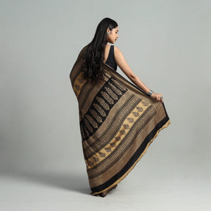 Black - Hand Block Printed Modal Silk Bagh Saree 01