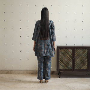 Blue - Block Printed Cotton Ajrakh Co-ord Set 04