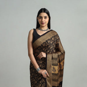 Black - Hand Block Printed Modal Silk Bagh Saree 01