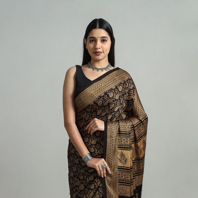 Black - Hand Block Printed Modal Silk Bagh Saree 01