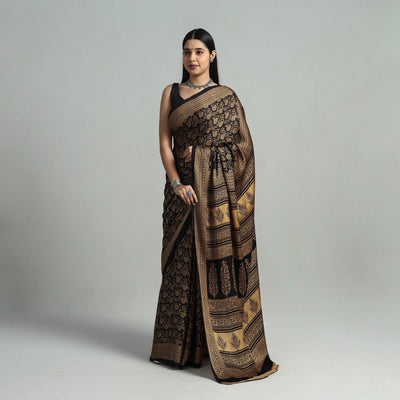 Black - Hand Block Printed Modal Silk Bagh Saree 01