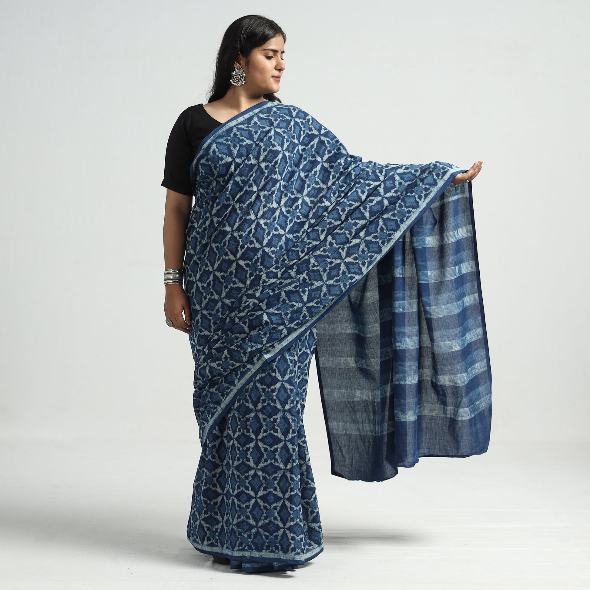 Blue - Akola Hand Block Printed Cotton Saree