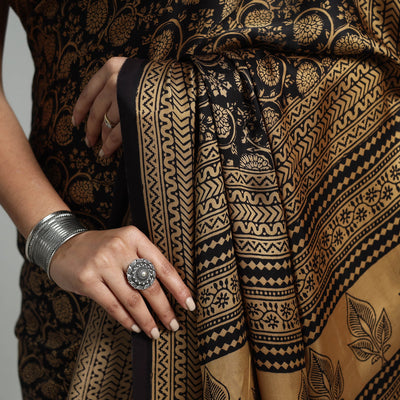 Black - Hand Block Printed Modal Silk Bagh Saree 01